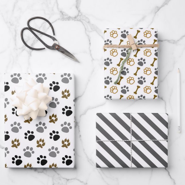 Dog Paws Bones Wrapping Paper set of 3 (Front)