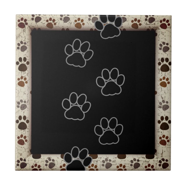 Dog Paws Frame Black Tan |  Ceramic Tile (Front)