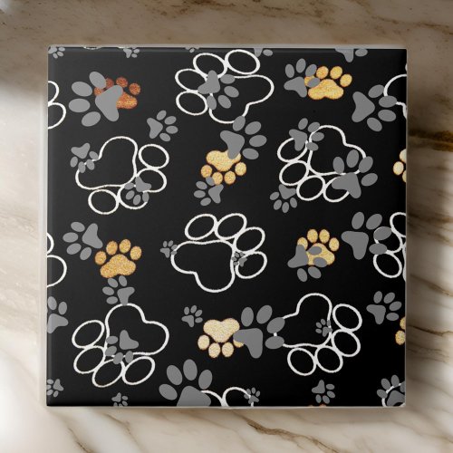 Dog Paws Grey  Black Ceramic Tile