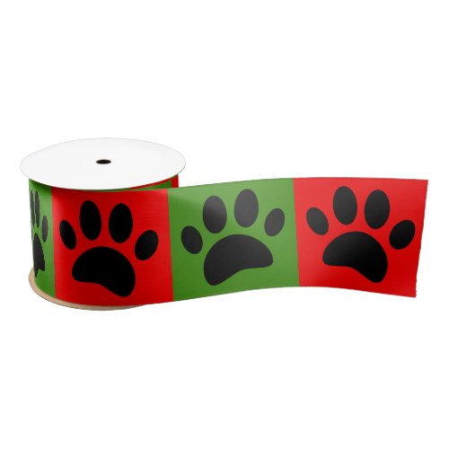Dog Paws In Red And Green Squares Christmas Satin Ribbon