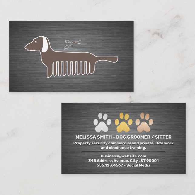 Dog Paws Metal Brushed | Dog Comb Business Card (Front/Back)