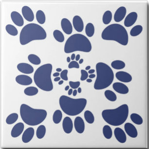 Dog Paws Prints Portuguese Style White and Blue  Ceramic Tile