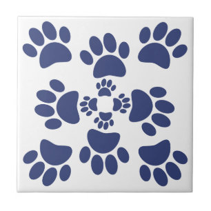 Dog Paws Prints Portuguese Style White and Blue Ceramic Tile