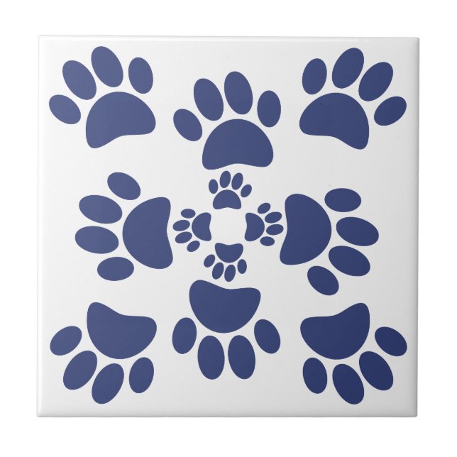 Dog Paws Prints Portuguese Style White and Blue  Ceramic Tile (Front)