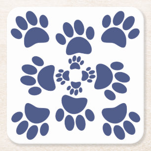 Dog Paws Prints Portuguese Style White and Blue Square Paper Coaster