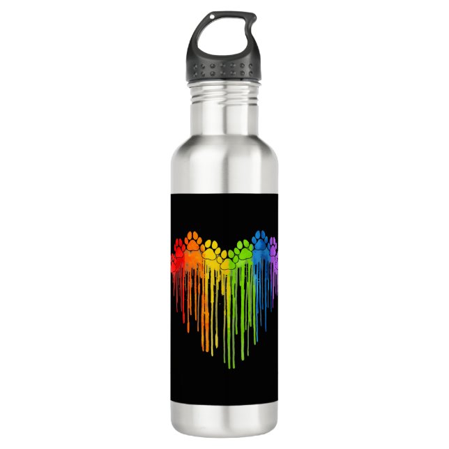 Dog Paws Rainbow Heart Dog Lover Gay Pride Lgbt Stainless Steel Water Bottle (Front)