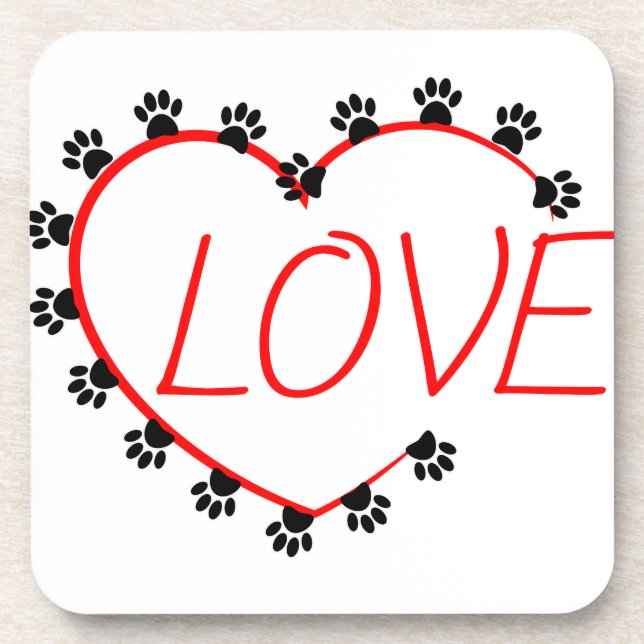 Dog Paws Red Heart Love Beverage Coaster (Front)
