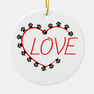 Dog Paws Red Heart Love Ceramic Ornament