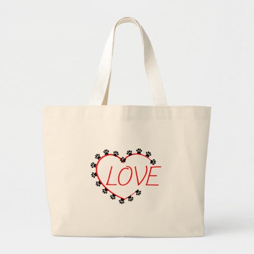 Dog Paws Red Heart Love Large Tote Bag