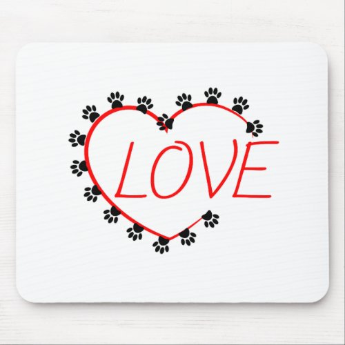Dog Paws Red Heart Love Mouse Pad