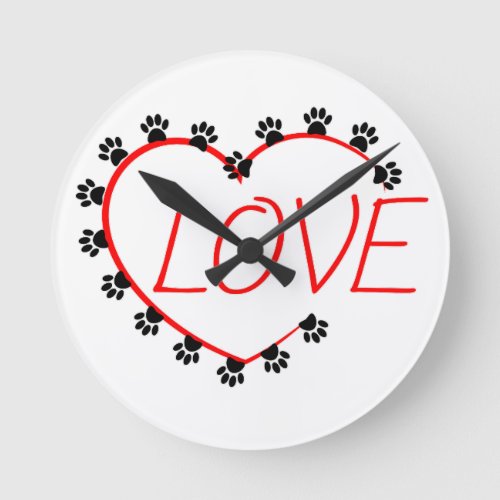 Dog Paws Red Heart Love Round Clock