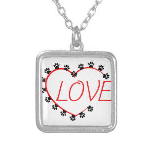 Dog Paws Red Heart Love Silver Plated Necklace