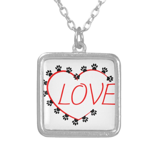 Dog Paws Red Heart Love Silver Plated Necklace (Front)