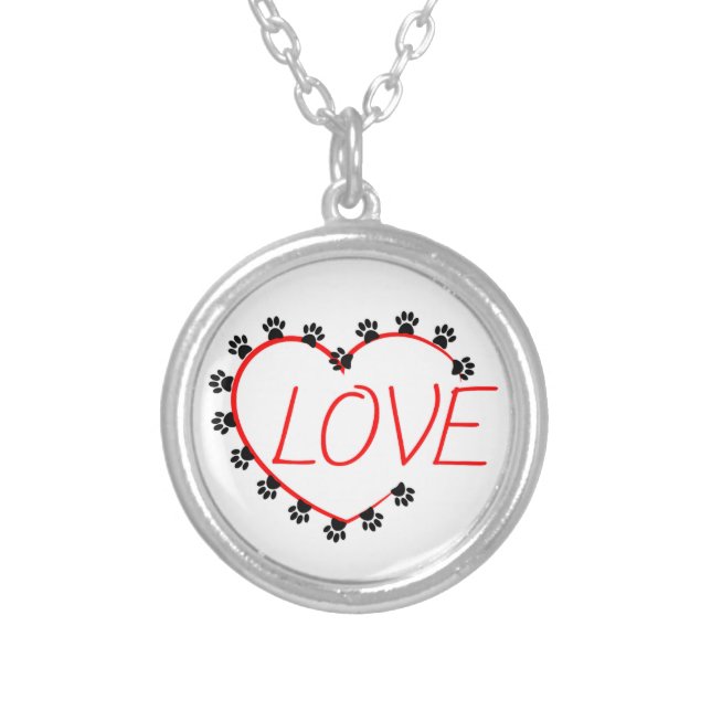 Dog Paws Red Heart Love Silver Plated Necklace (Front)