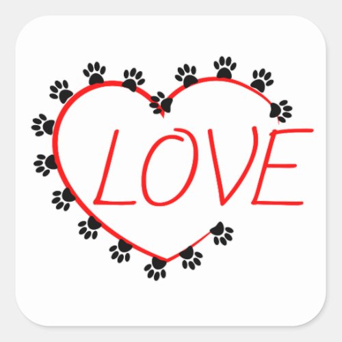 Dog Paws Red Heart Love Square Sticker