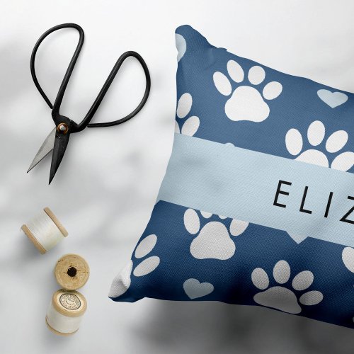 Dog Paws White Paws Blue Hearts Your Name Accent Pillow