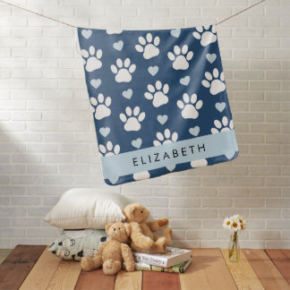 Dog Paws, White Paws, Blue Hearts, Your Name Baby Blanket
