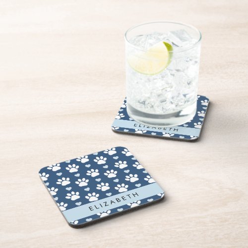 Dog Paws White Paws Blue Hearts Your Name Beverage Coaster