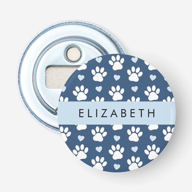 Dog Paws, White Paws, Blue Hearts, Your Name Bottle Opener (Front)