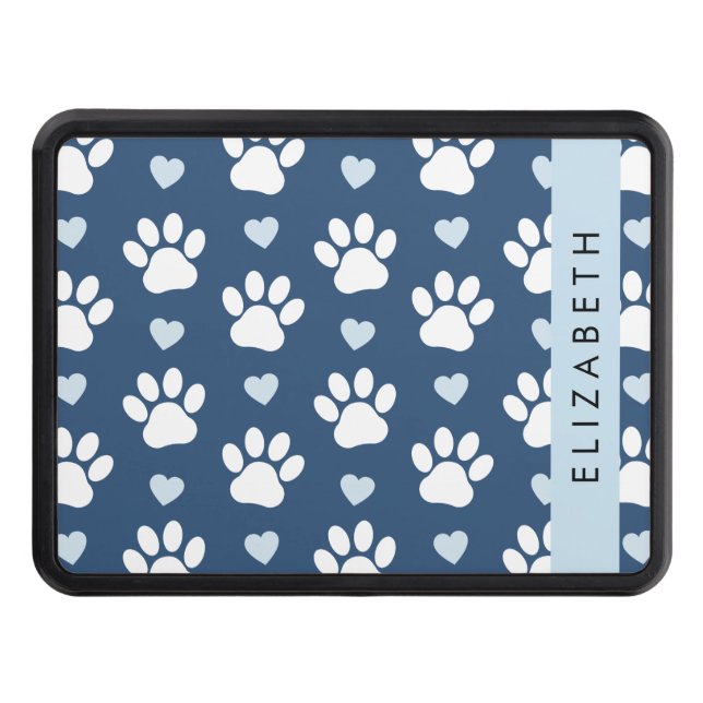 Dog Paws, White Paws, Blue Hearts, Your Name Hitch Cover (Front)