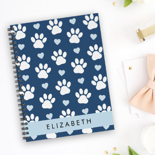 Dog Paws, White Paws, Blue Hearts, Your Name Notebook