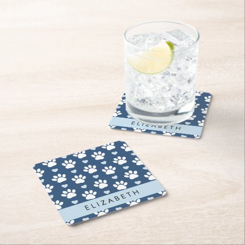Dog Paws White Paws Blue Hearts Your Name Square Paper Coaster