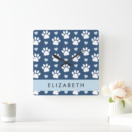 Dog Paws White Paws Blue Hearts Your Name Square Wall Clock