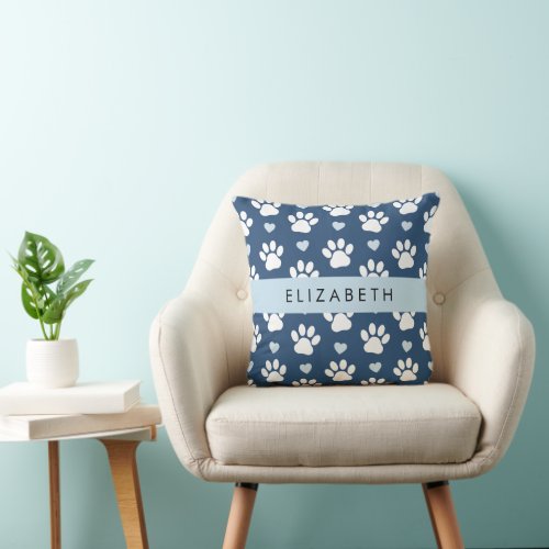 Dog Paws White Paws Blue Hearts Your Name Throw Pillow