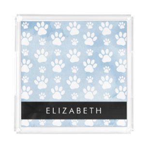 Dog Paws, White Paws, Blue Watercolors, Your Name Acrylic Tray