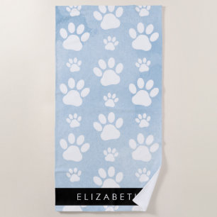 Dog Paws, White Paws, Blue Watercolors, Your Name Beach Towel