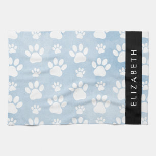 Dog Paws, White Paws, Blue Watercolors, Your Name Kitchen Towel