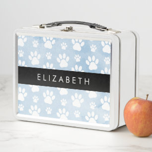 Dog Paws, White Paws, Blue Watercolors, Your Name Metal Lunch Box
