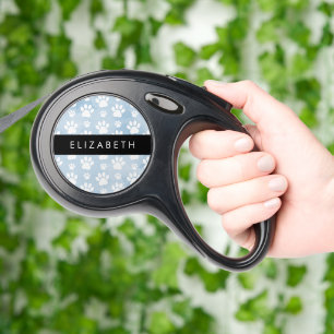 Dog Paws, White Paws, Blue Watercolors, Your Name Retractable Pet Leash