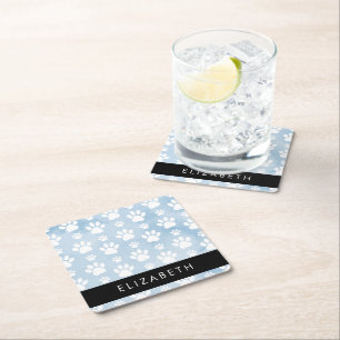 Dog Paws, White Paws, Blue Watercolors, Your Name Square Paper Coaster
