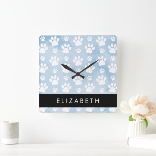 Dog Paws White Paws Blue Watercolors Your Name Square Wall Clock