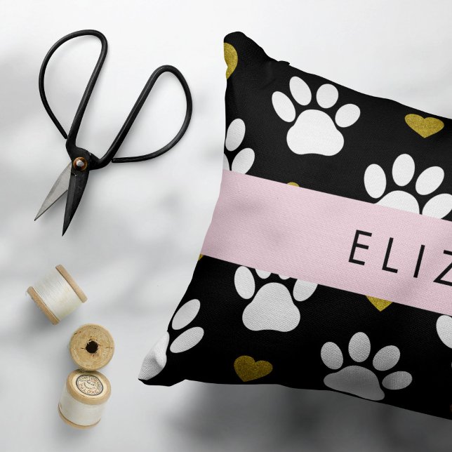 Dog Paws, White Paws, Gold Hearts, Your Name Accent Pillow (Creator Uploaded)