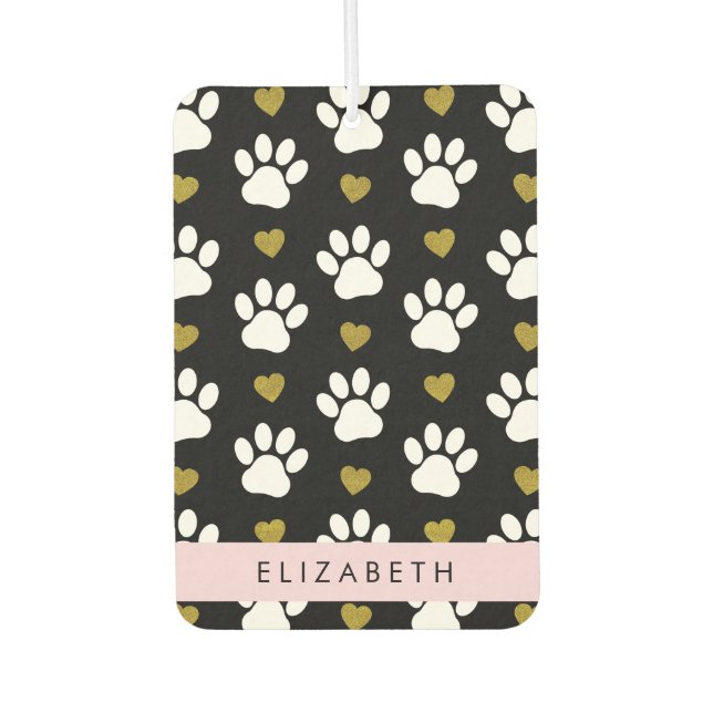 Dog Paws, White Paws, Gold Hearts, Your Name Air Freshener (Front)