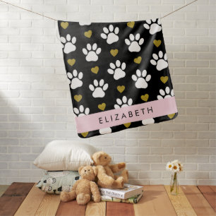 Dog Paws, White Paws, Gold Hearts, Your Name Baby Blanket