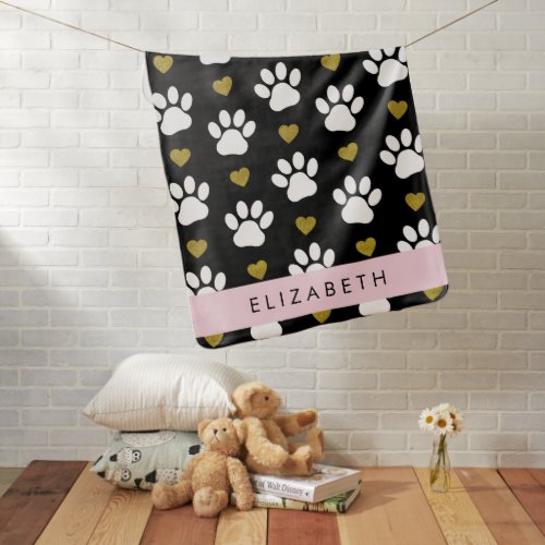 Dog Paws White Paws Gold Hearts Your Name Baby Blanket