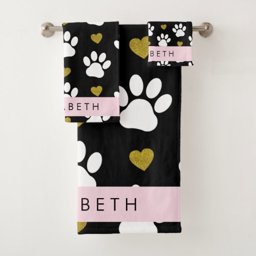 Dog Paws White Paws Gold Hearts Your Name Bath Towel Set