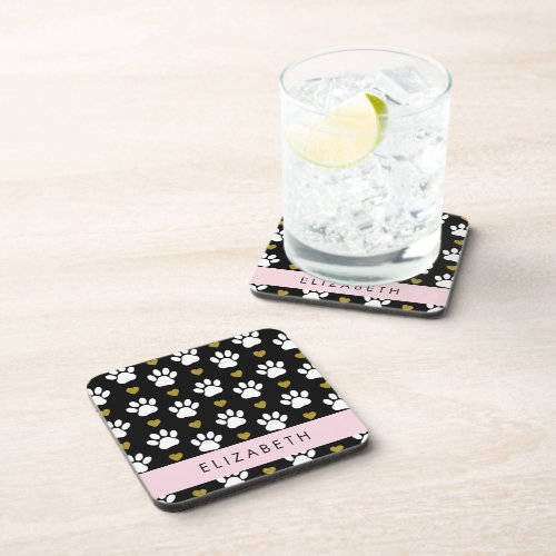 Dog Paws White Paws Gold Hearts Your Name Beverage Coaster