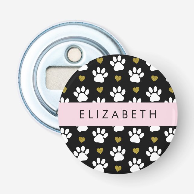 Dog Paws, White Paws, Gold Hearts, Your Name Bottle Opener (Front)