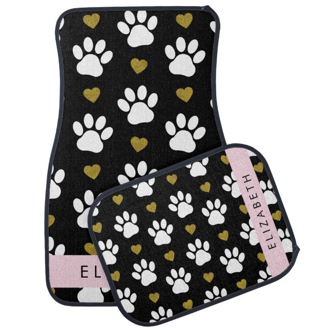Dog Paws, White Paws, Gold Hearts, Your Name Car Floor Mat (Set)