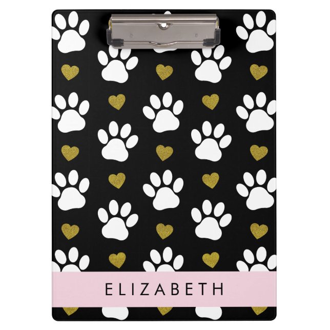 Dog Paws, White Paws, Gold Hearts, Your Name Clipboard (Front)