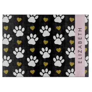 Dog Paws, White Paws, Gold Hearts, Your Name Cutting Board