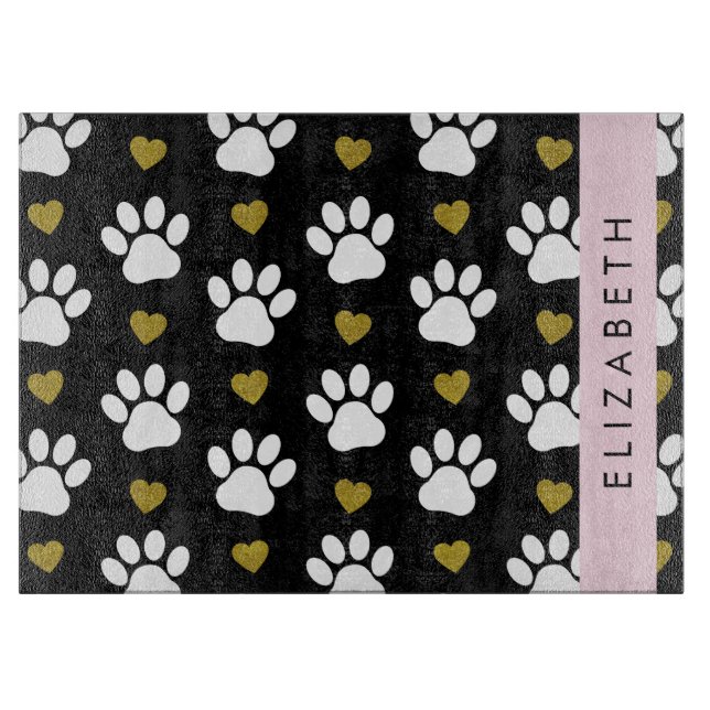 Dog Paws, White Paws, Gold Hearts, Your Name Cutting Board (Front)