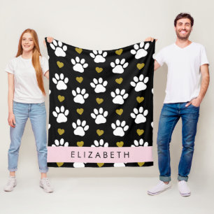 Dog Paws, White Paws, Gold Hearts, Your Name Fleece Blanket