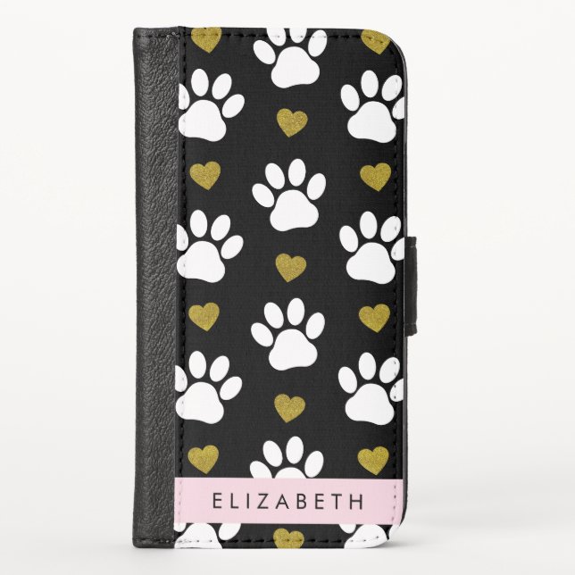 Dog Paws, White Paws, Gold Hearts, Your Name iPhone Wallet Case (Front)