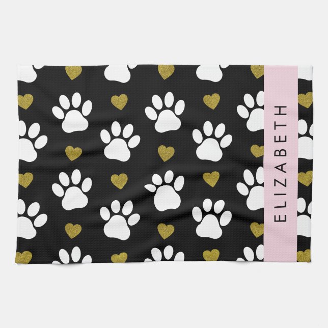 Dog Paws, White Paws, Gold Hearts, Your Name Kitchen Towel (Horizontal)