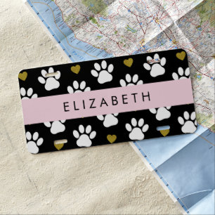 Dog Paws, White Paws, Gold Hearts, Your Name License Plate